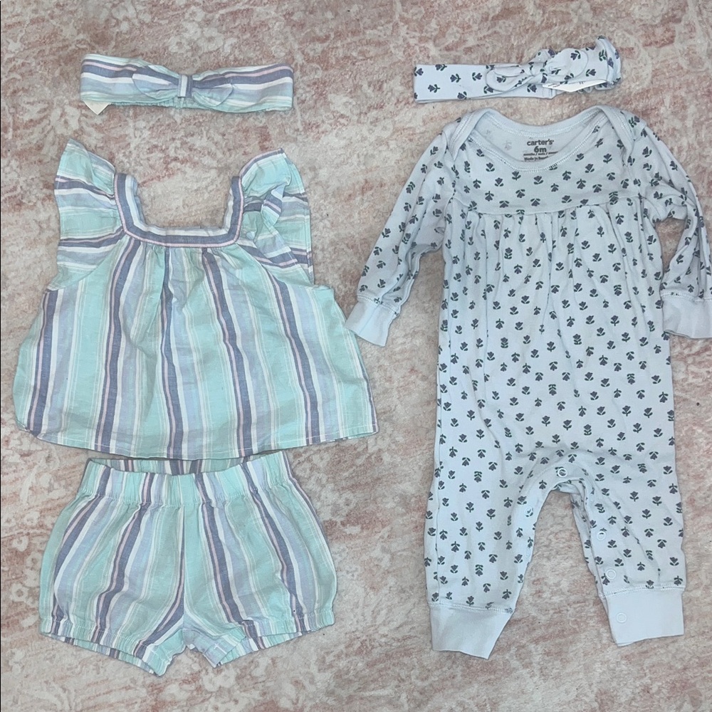 Summer Bundle- cotton jumpsuit & Linen blue/ green short & tank set + headbands